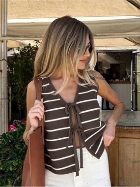SHEIN Brown & White Striped Tie-Front Knit Tank